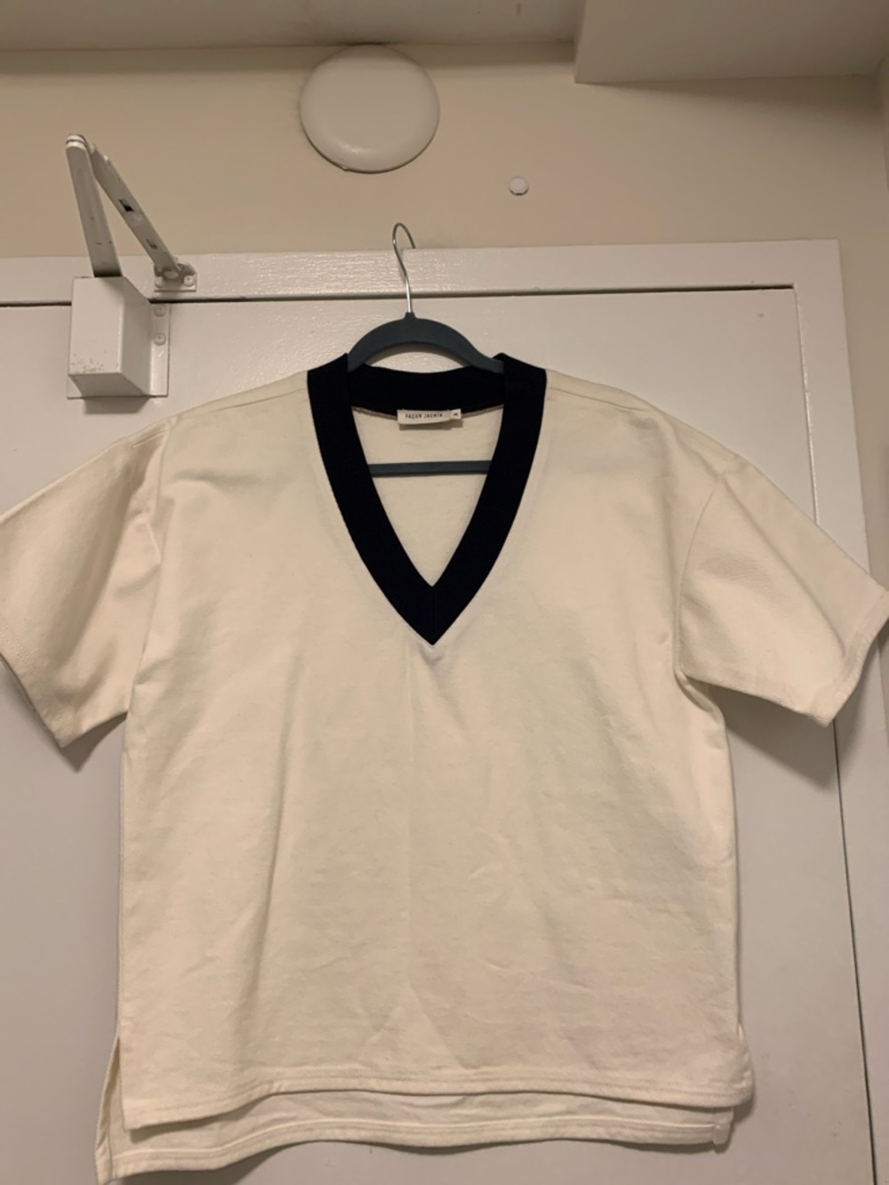 Cream Short Sleeve V-Neck Shirt with  Trim
